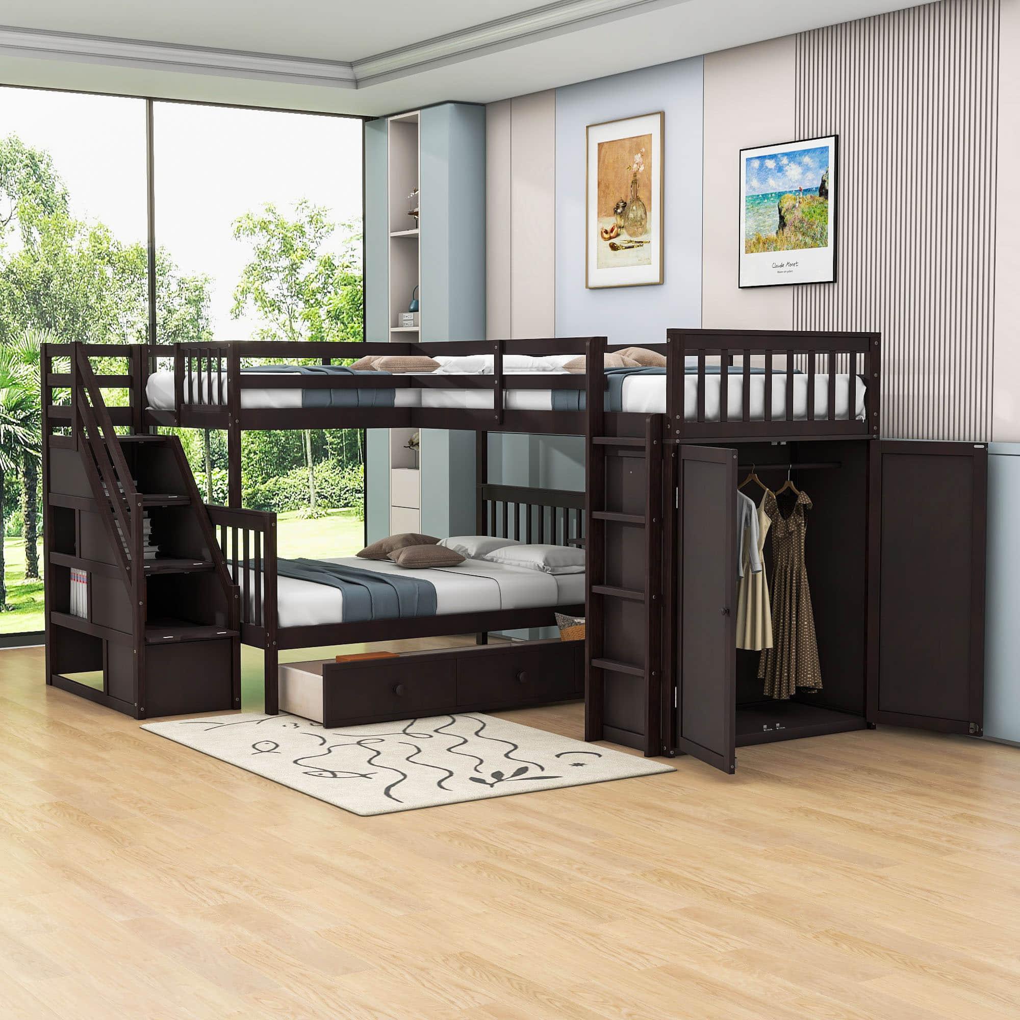 Twin Over Full Loft Triple Bunk Beds with Desk and Storage Stairs - [Drawers, Wardrobe]