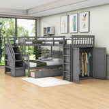 Twin Over Full Loft Triple Bunk Beds with Desk and Storage Stairs - [Drawers, Wardrobe]