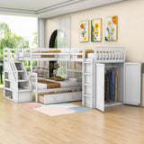 Twin Over Full Loft Triple Bunk Beds with Desk and Storage Stairs - [Drawers, Wardrobe]