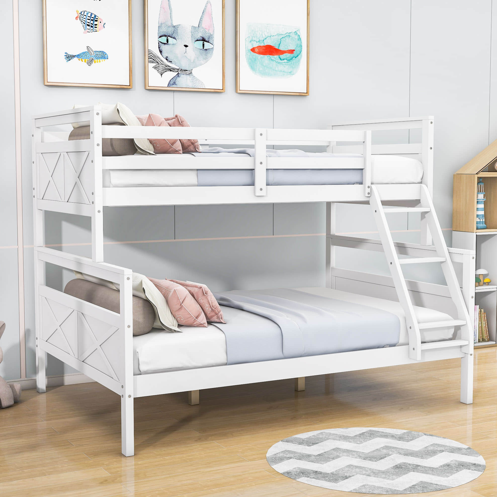 Wooden Twin Over Full Convertible Bunk Bed for Kids, Adults