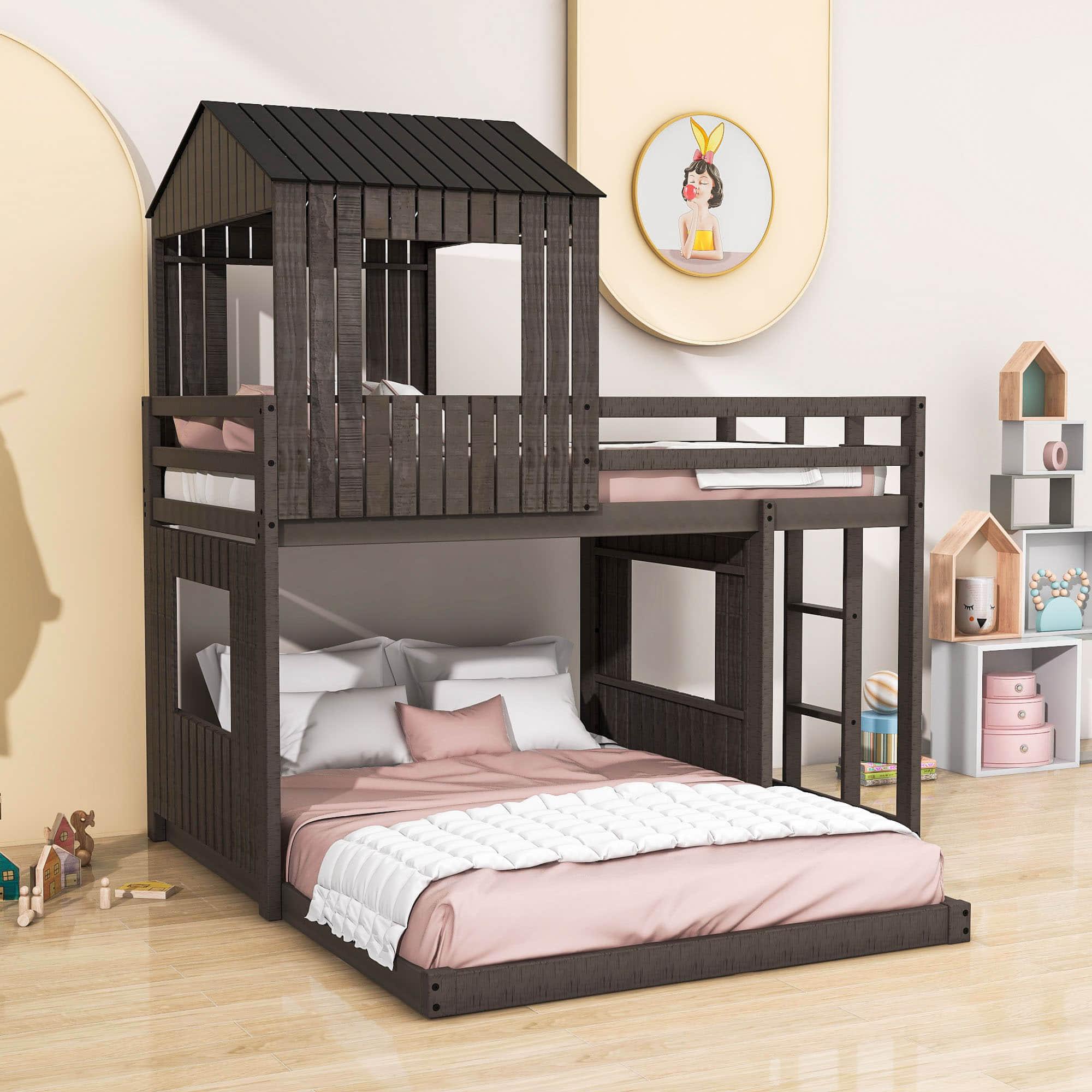 Fun Wooden L-Shaped Twin Over Full House Bunk Beds for Kids - [Low to Floor]