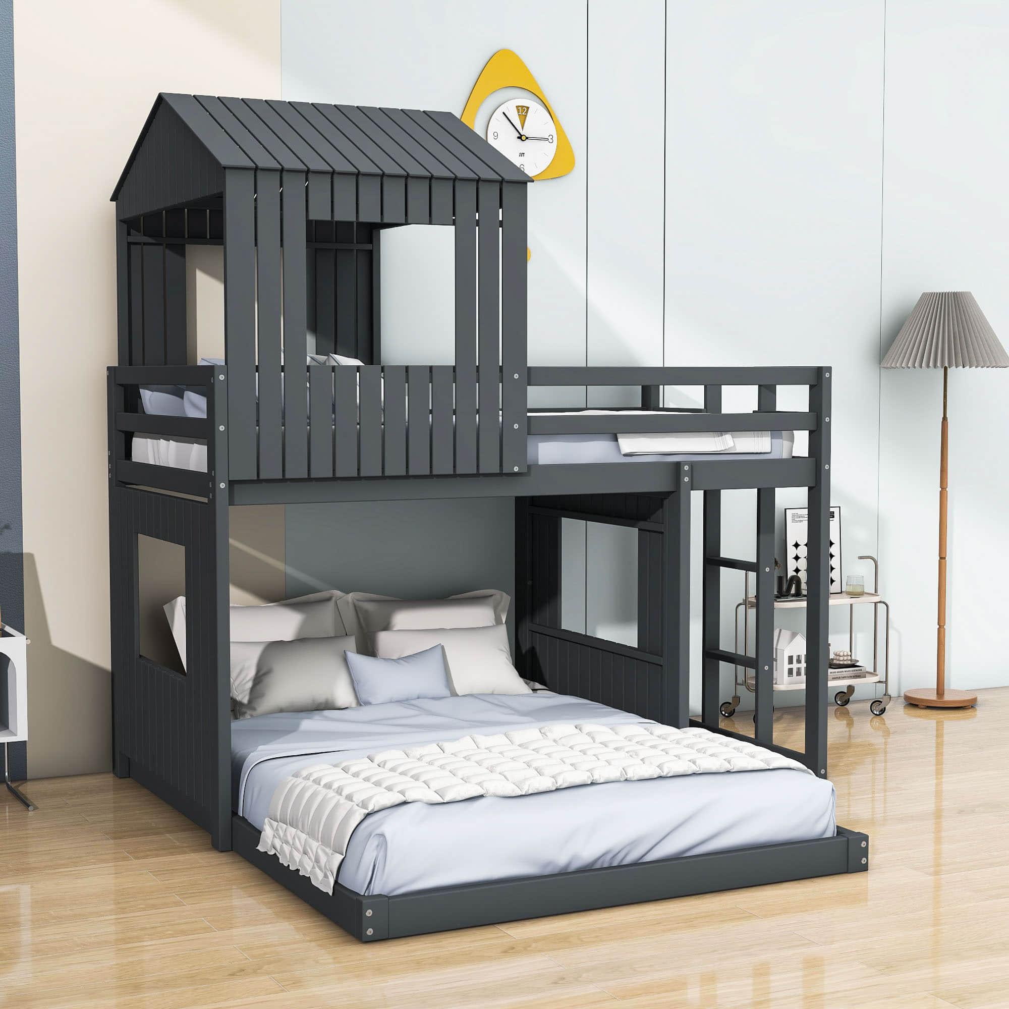 Fun Wooden L-Shaped Twin Over Full House Bunk Beds for Kids - [Low to Floor]