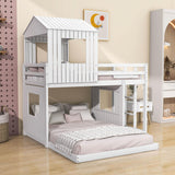 Fun Wooden L-Shaped Twin Over Full House Bunk Beds for Kids - [Low to Floor]