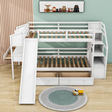 Low Twin Over Twin Bunk Bed with Desk and Stairs, Slide, Storage