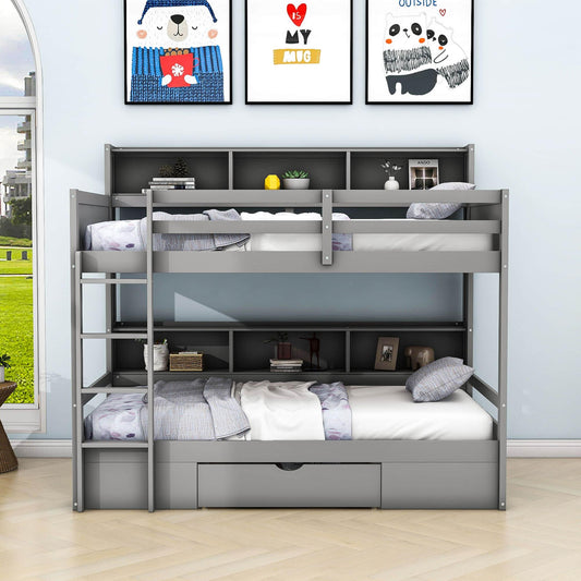 Twin Over Twin Bunk Beds with Storage Drawers and Shelves for Kids Adults - [Wooden]