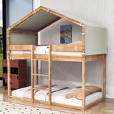 Solid Wood Low Twin Over Twin House Bunk Beds with Tent for Kids Toddler