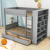 Wooden Twin Over Twin Bunk Beds with Storage Drawers, Shelves