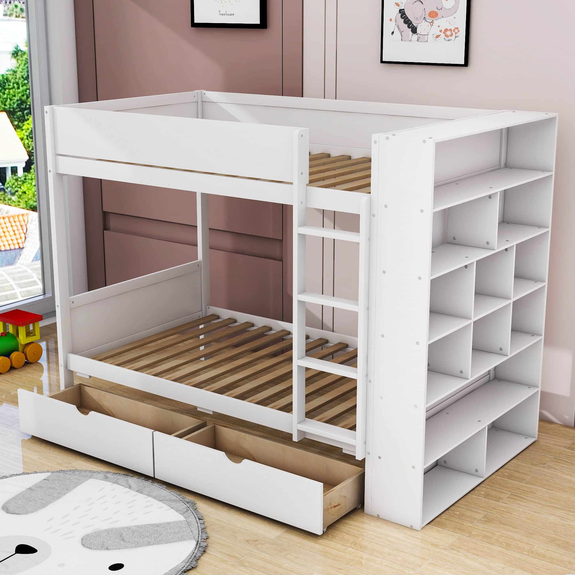 Wooden Twin Over Twin Bunk Beds with Storage Drawers, Shelves