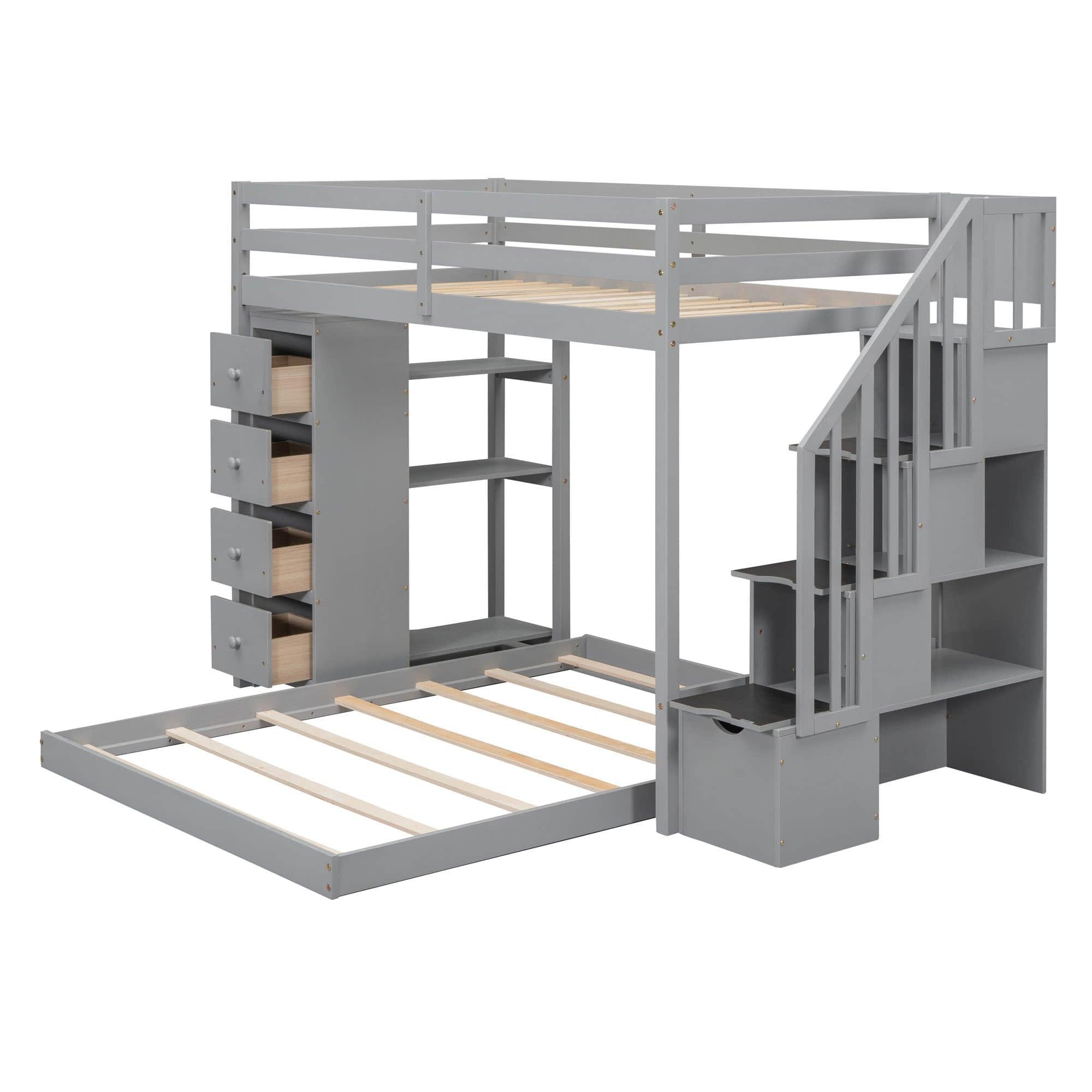 L-Shaped Twin Over Full Floor Bunk Beds for Toddlers, Kids with Stairs