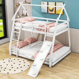 Low Twin Over Queen House Bunk Beds with Climbing Ramp & Nets - [Wooden]