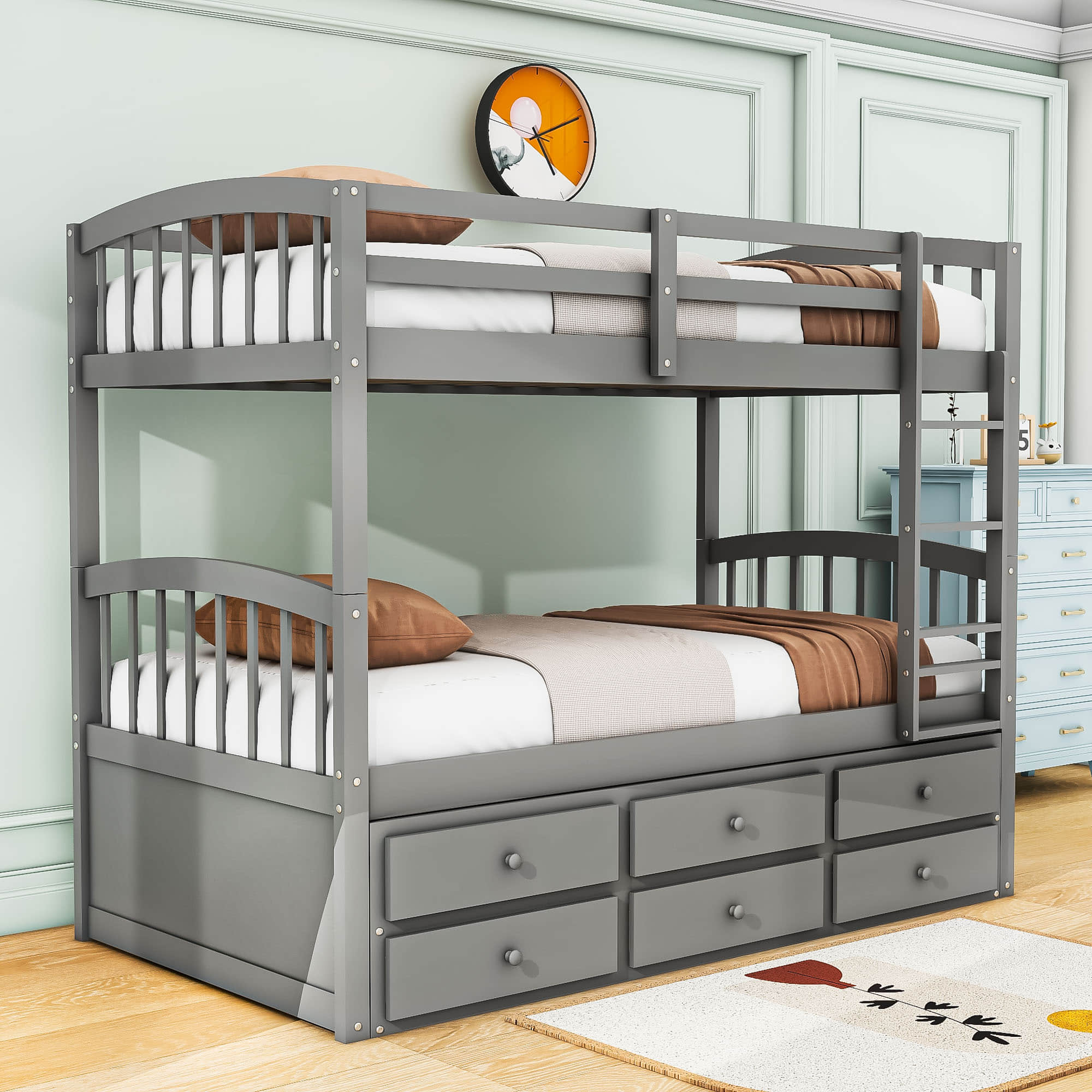 Convertible Twin Over Twin Bunk Beds for Kids Adults with Trundle and Storage - [Wood, Drawers]