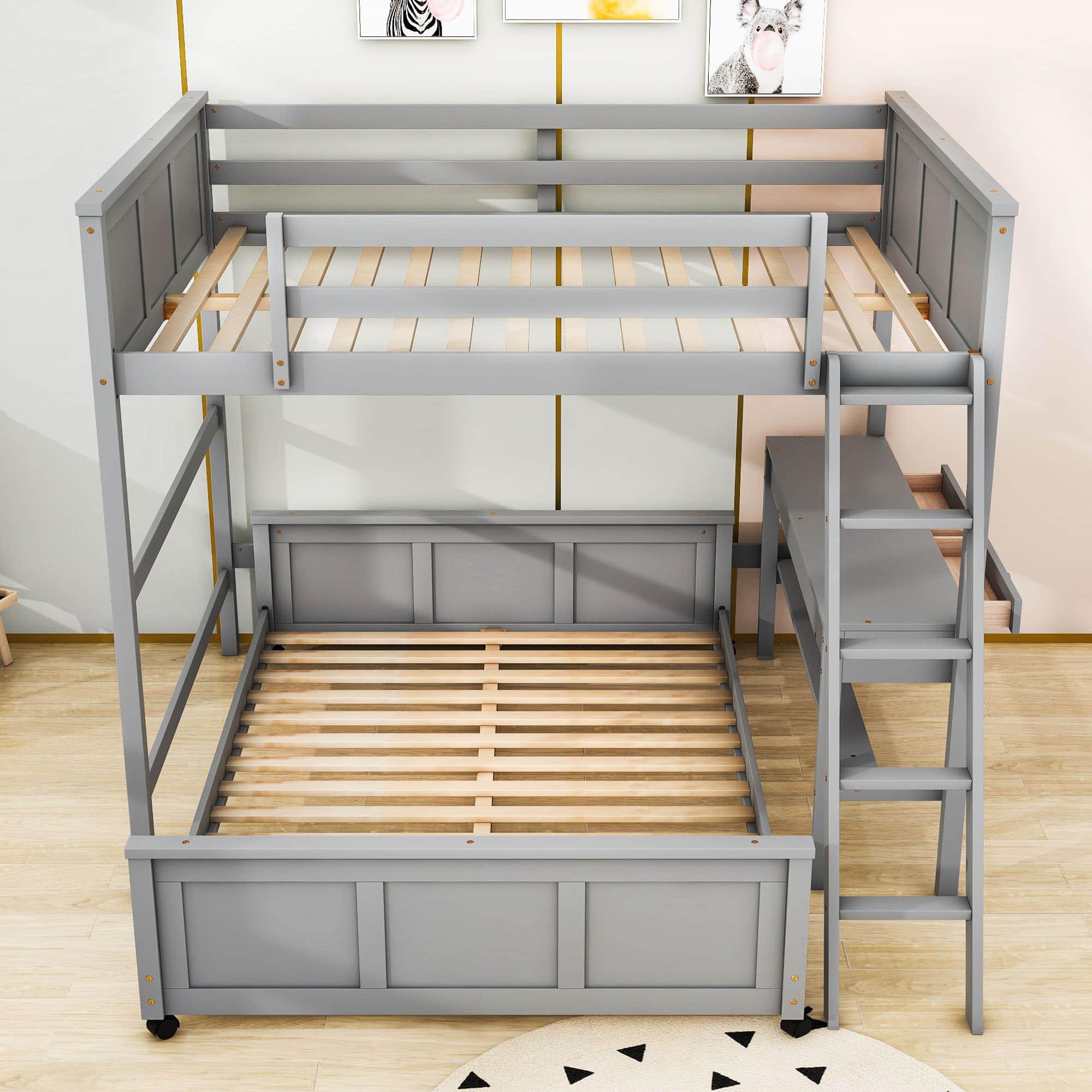 L-Shaped Full Over Full Bunk Beds with Desk and Storage Drawers Wooden