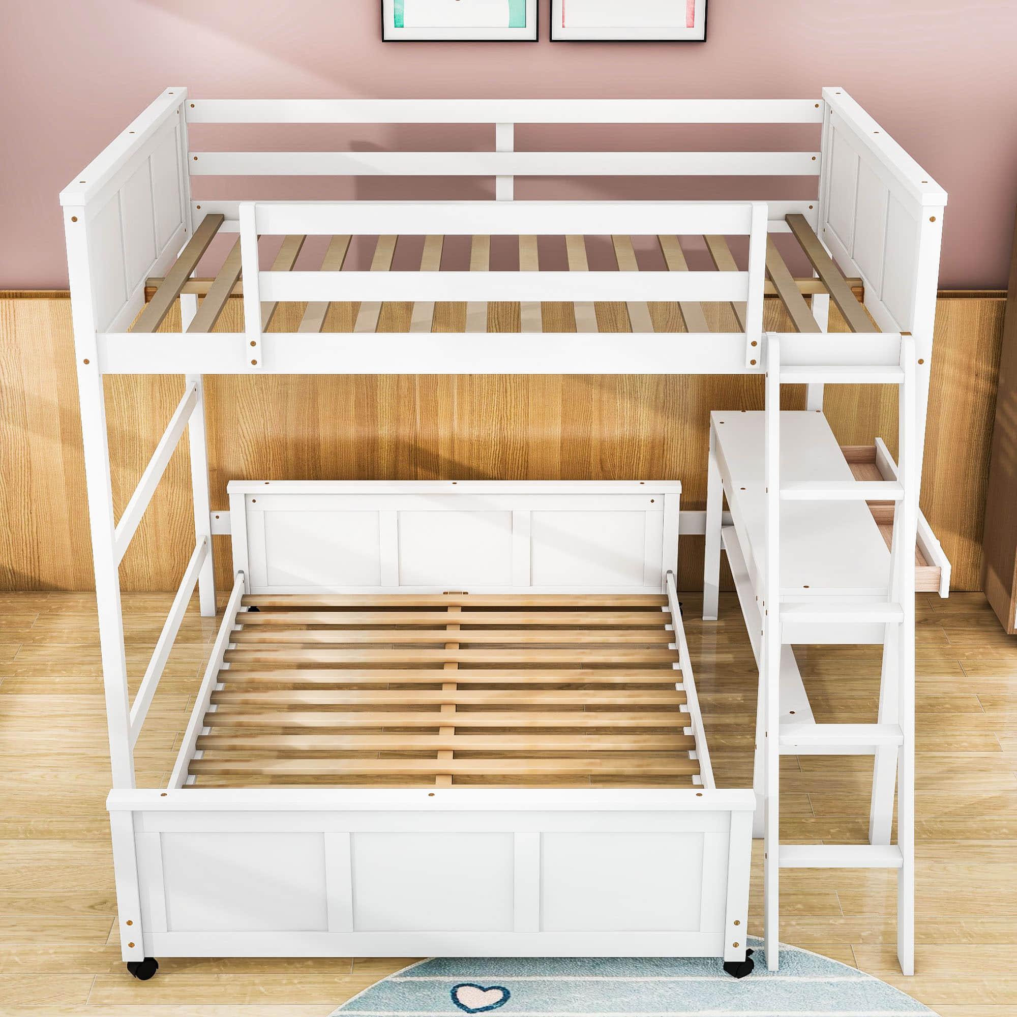 L-Shaped Full Over Full Bunk Beds with Desk and Storage Drawers Wooden