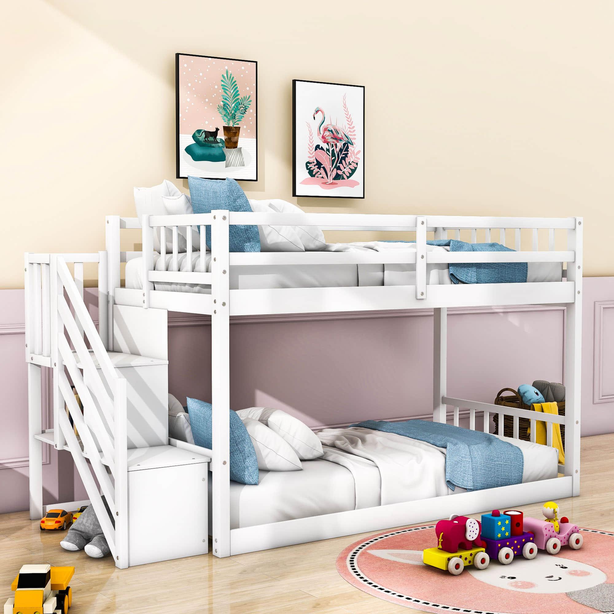 Low Twin Over Twin Toddler Bunk Beds with Stairs - [Floor]