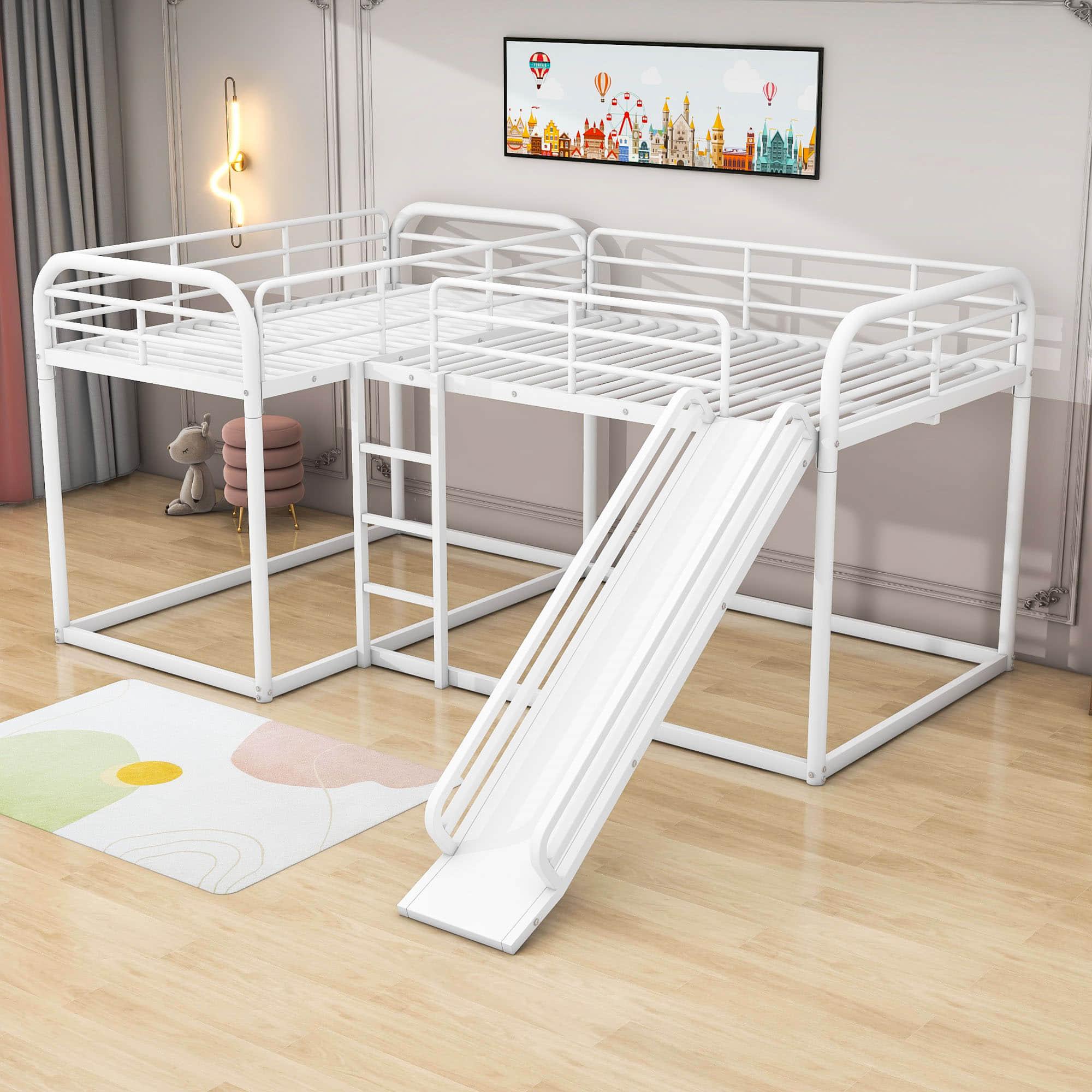 Metal Full & Twin Quad Bunk Beds with Slide for Kids, Toddler - [L-Shaped]