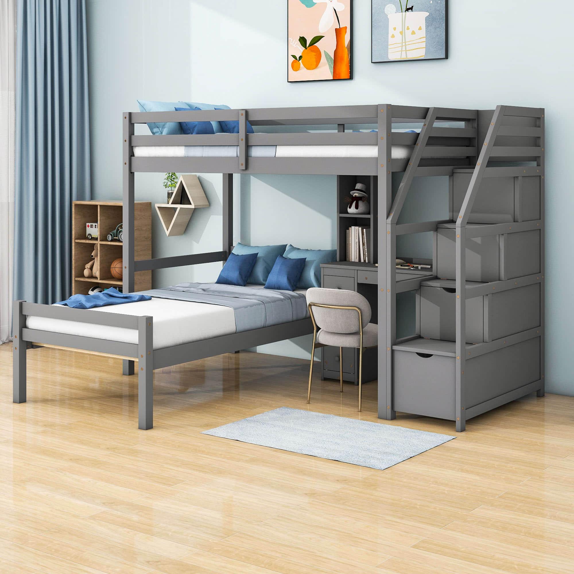 Twin Over Twin Bunk Beds with Desk and Storage Stairs - [Drawers, Shelves, L-Shaped]