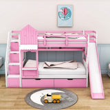 Girls Twin Over Twin Castle Bunk Bed with Slide and Stairs, Storage