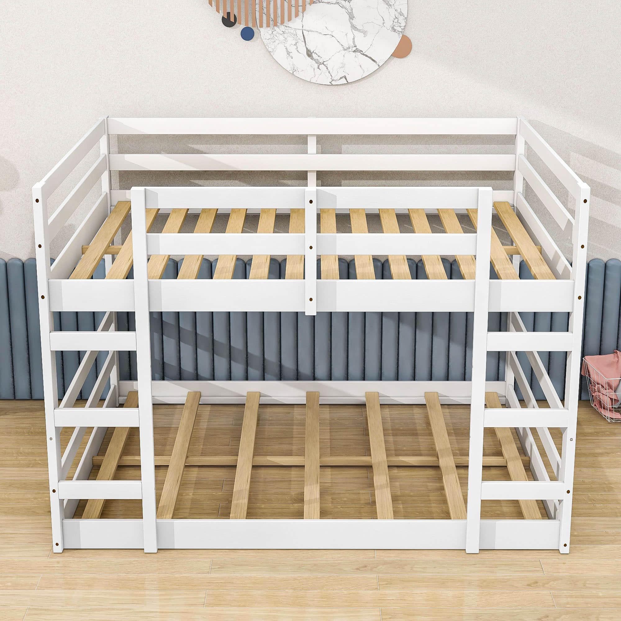 Modern Low Full Over Full Bunk Beds for Kids Toddler with 2 Ladders - Wooden