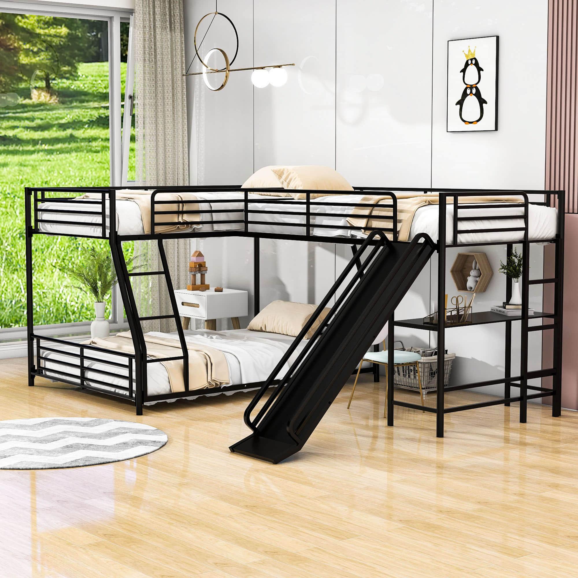 Low Twin Over Full Loft Triple Bunk Beds with Desk and Slide for Kids Toddler - [Metal]