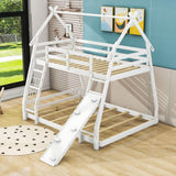 Low Twin Over Queen House Bunk Beds with Climbing Ramp & Nets - [Wooden]