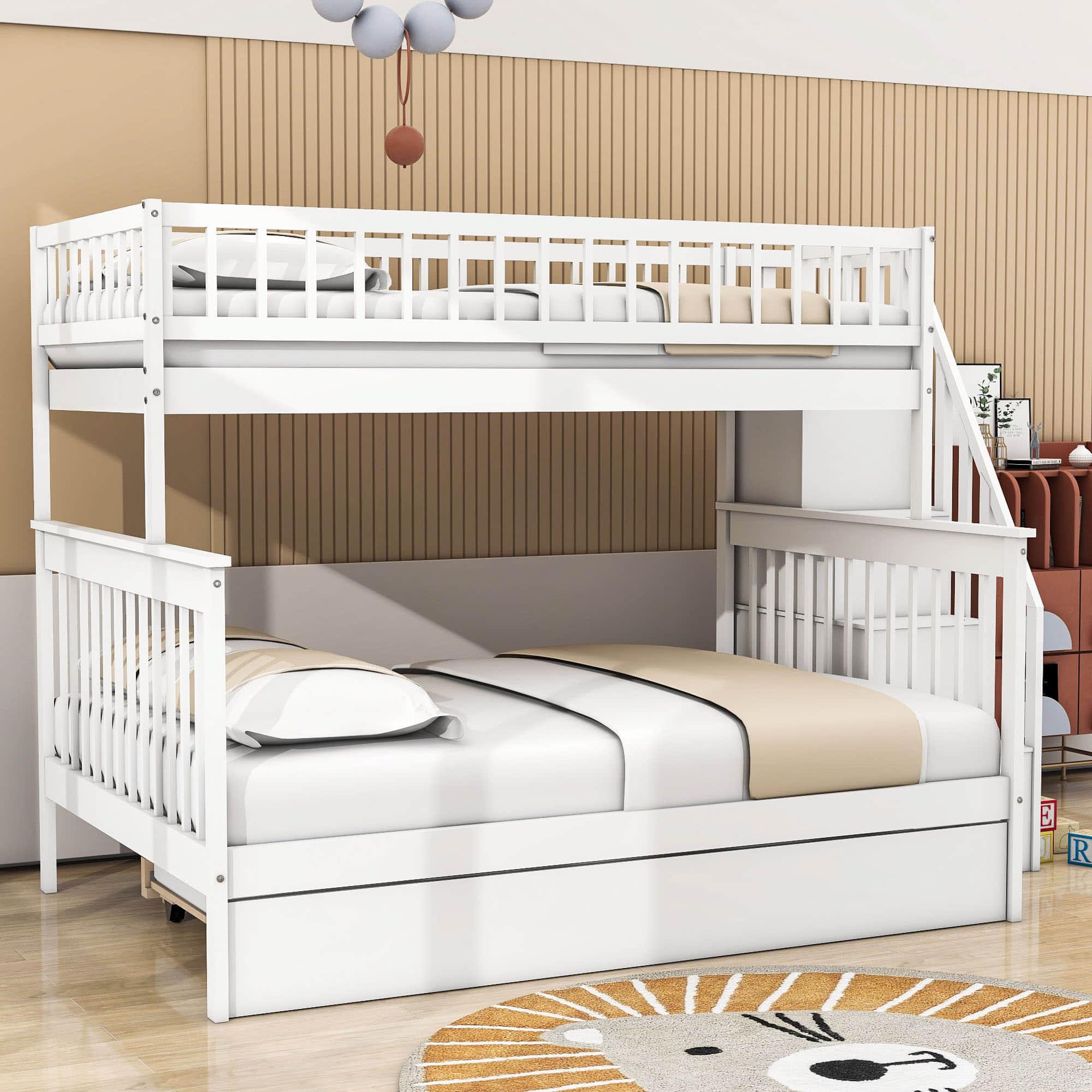 Wooden Twin Over Full Bunk Bed with Stairs and Trundle, Storage Shelves