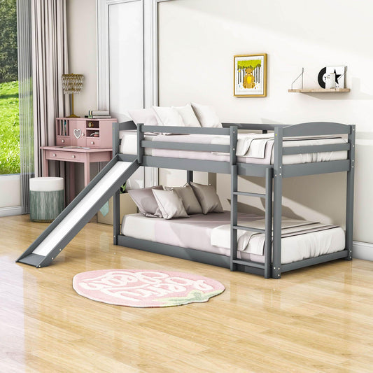 Low Twin Over Twin Bunk Bed with Slide for Kids, Toddler - Wooden, Floor, Interchangeable