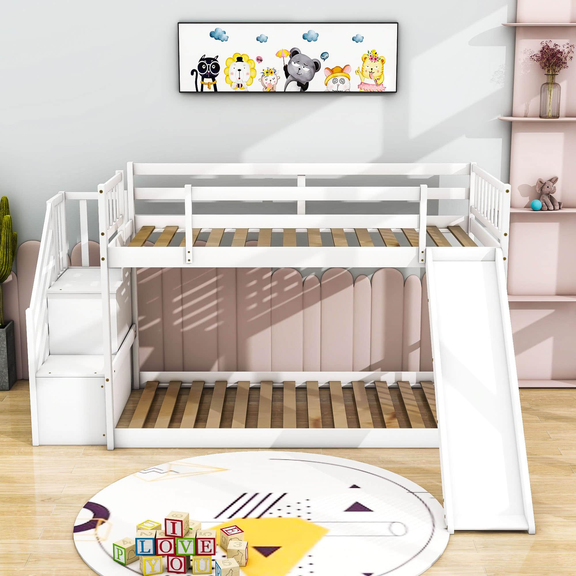 Low Twin Over Twin Toddler Bunk Beds with Stairs and Slide - [Floor]