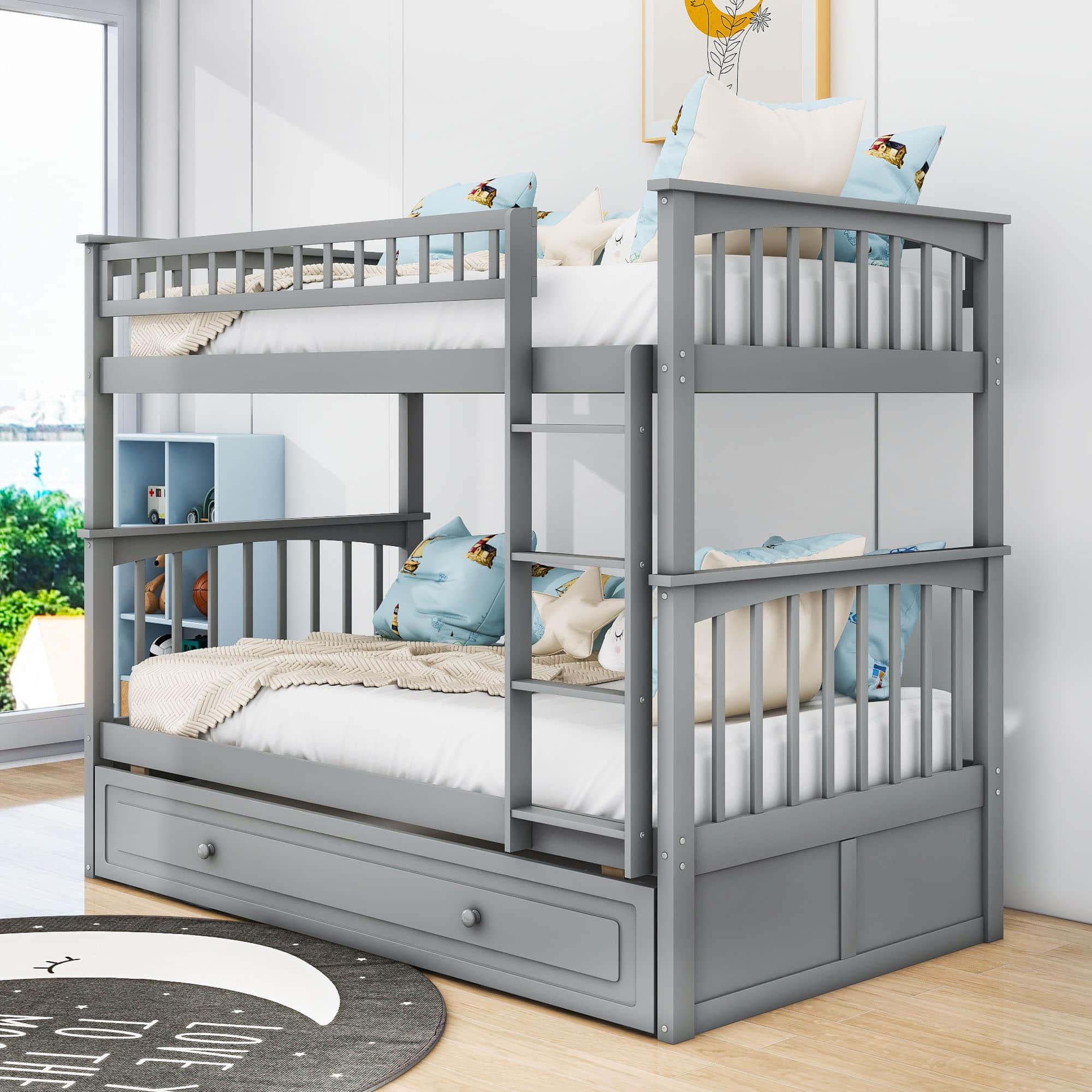 Twin Over Twin Convertible Bunk Bed with Twin Trundle - [Wooden]