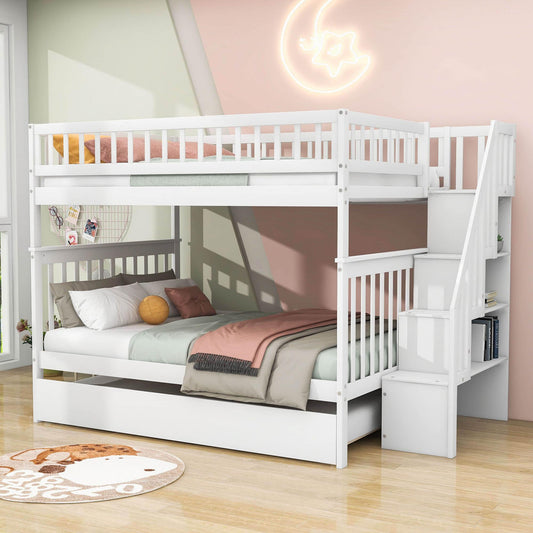 Wooden Full Size Bunk Bed with Stairs and Trundle, Storage Shelves