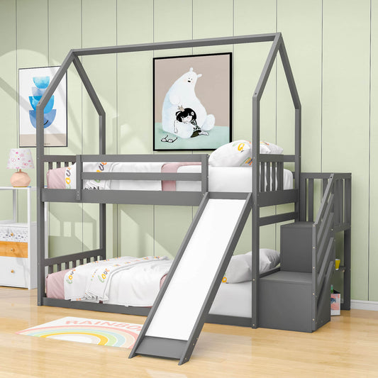 Low Twin Loft House Bunk Beds for Kids with Stairs and Slide - [Convertible]