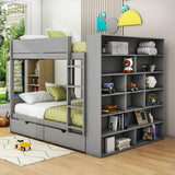 Wooden Full Over Full Bunk Beds with Storage Drawers, Shelves