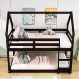 Small Low Twin Over Twin House Floor Bunk Beds for Kids, Toddler