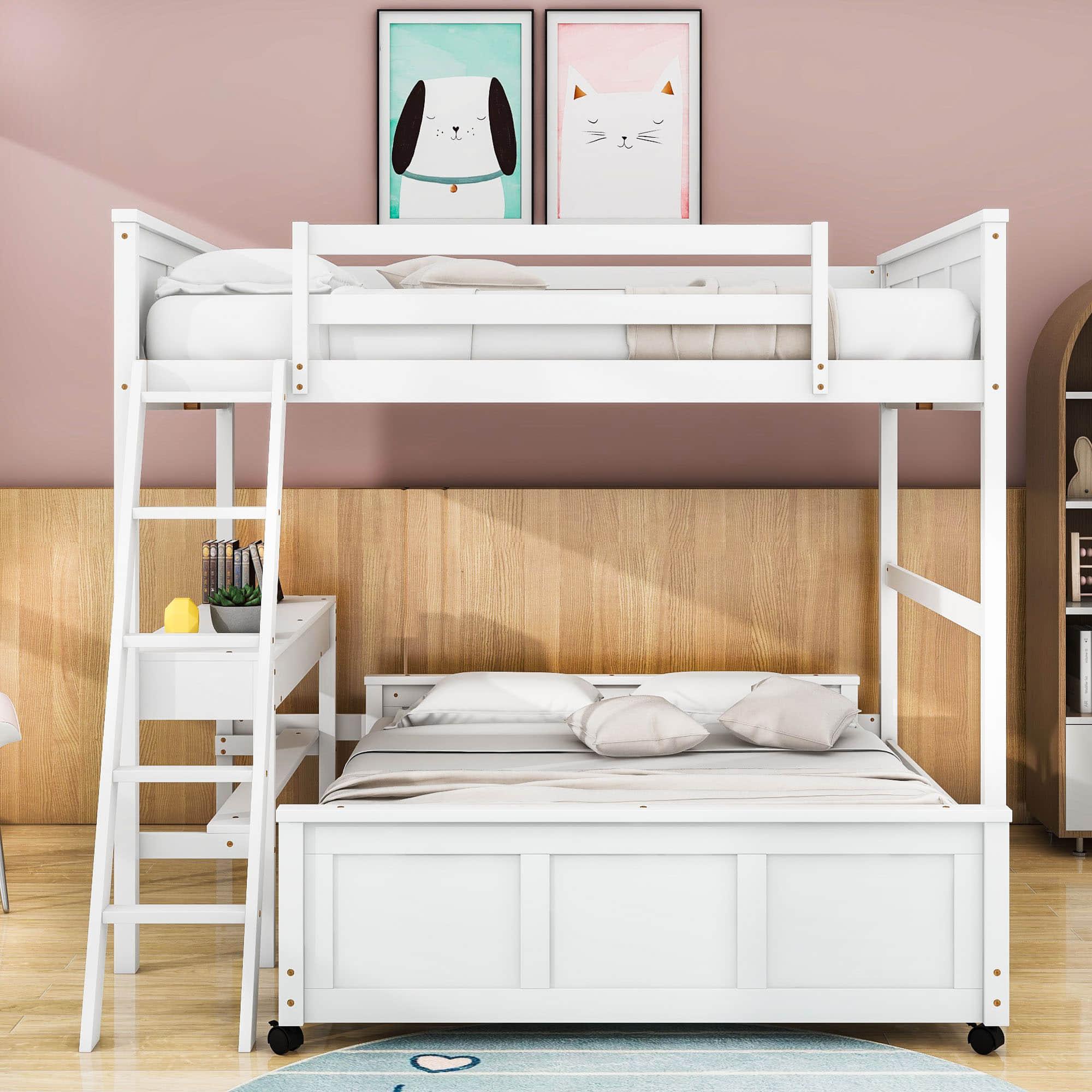 L-Shaped Full Over Full Bunk Beds with Desk and Storage Drawers Wooden