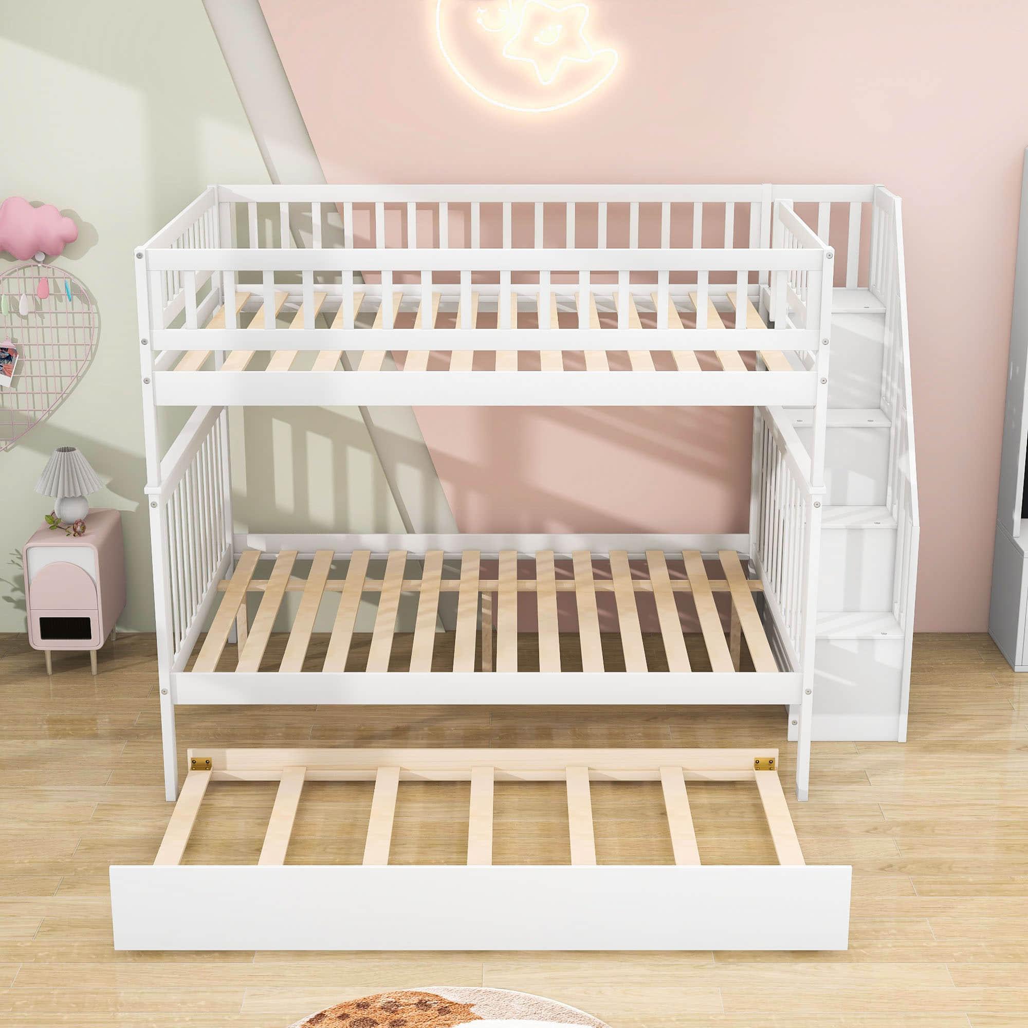 Wooden Full Size Bunk Bed with Stairs and Trundle, Storage Shelves