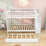 Wooden Full Size Bunk Bed with Stairs and Trundle, Storage Shelves