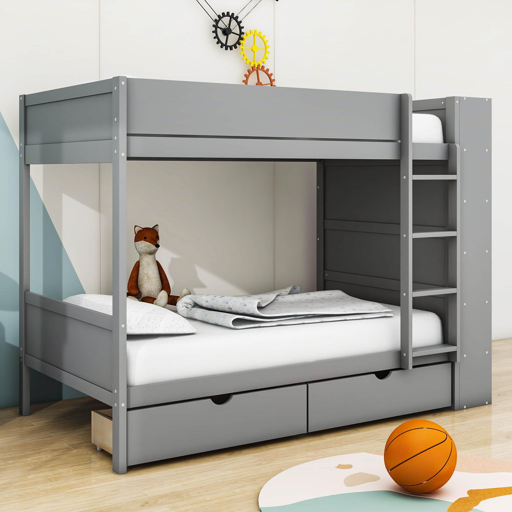 Wooden Twin Over Twin Bunk Beds with Storage Drawers, Shelves