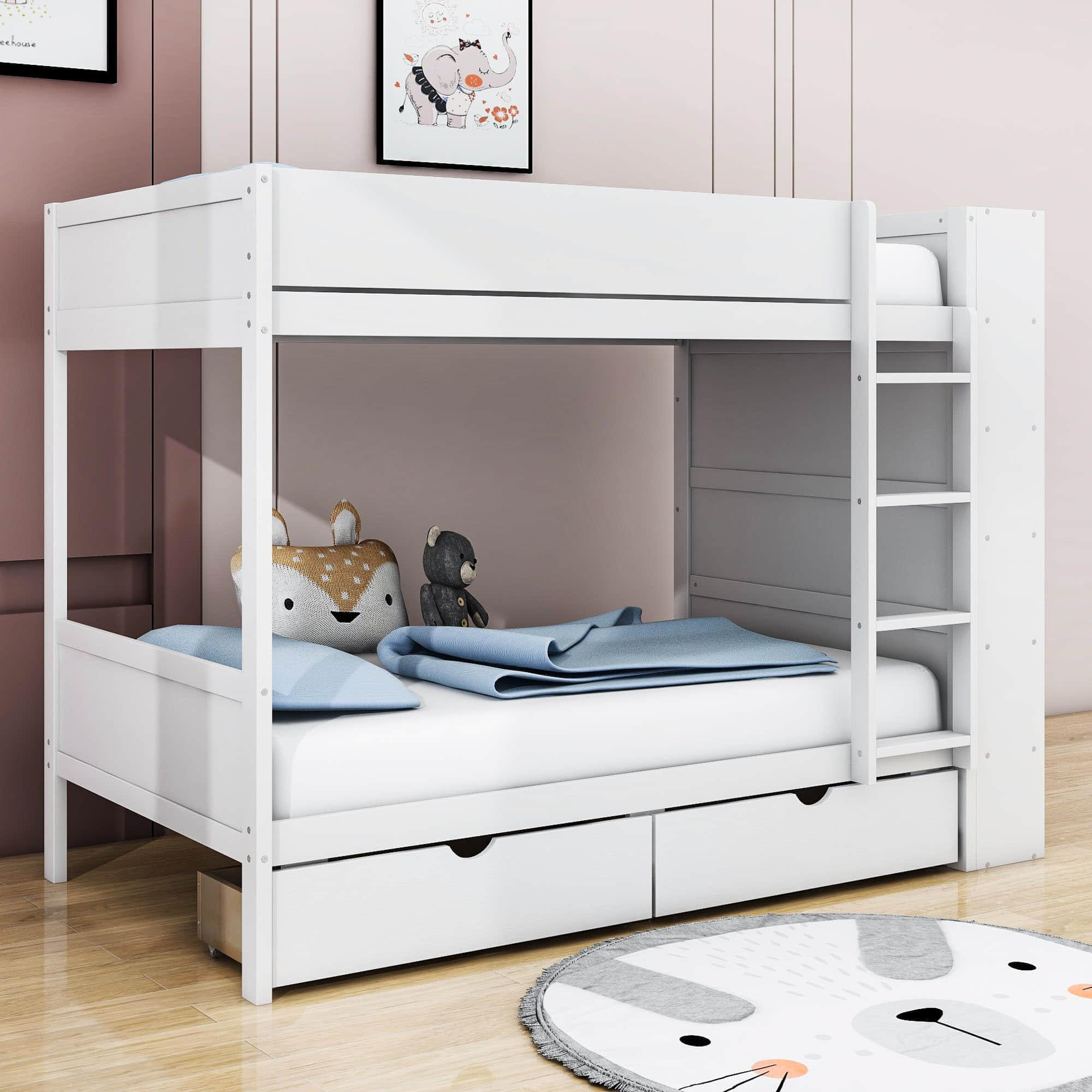 Wooden Twin Over Twin Bunk Beds with Storage Drawers, Shelves