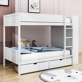 Wooden Twin Over Twin Bunk Beds with Storage Drawers, Shelves