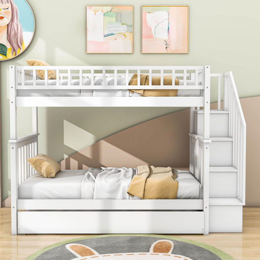 Convertible Twin Over Twin Bunk Bed with Stairs and Storage, Trundle