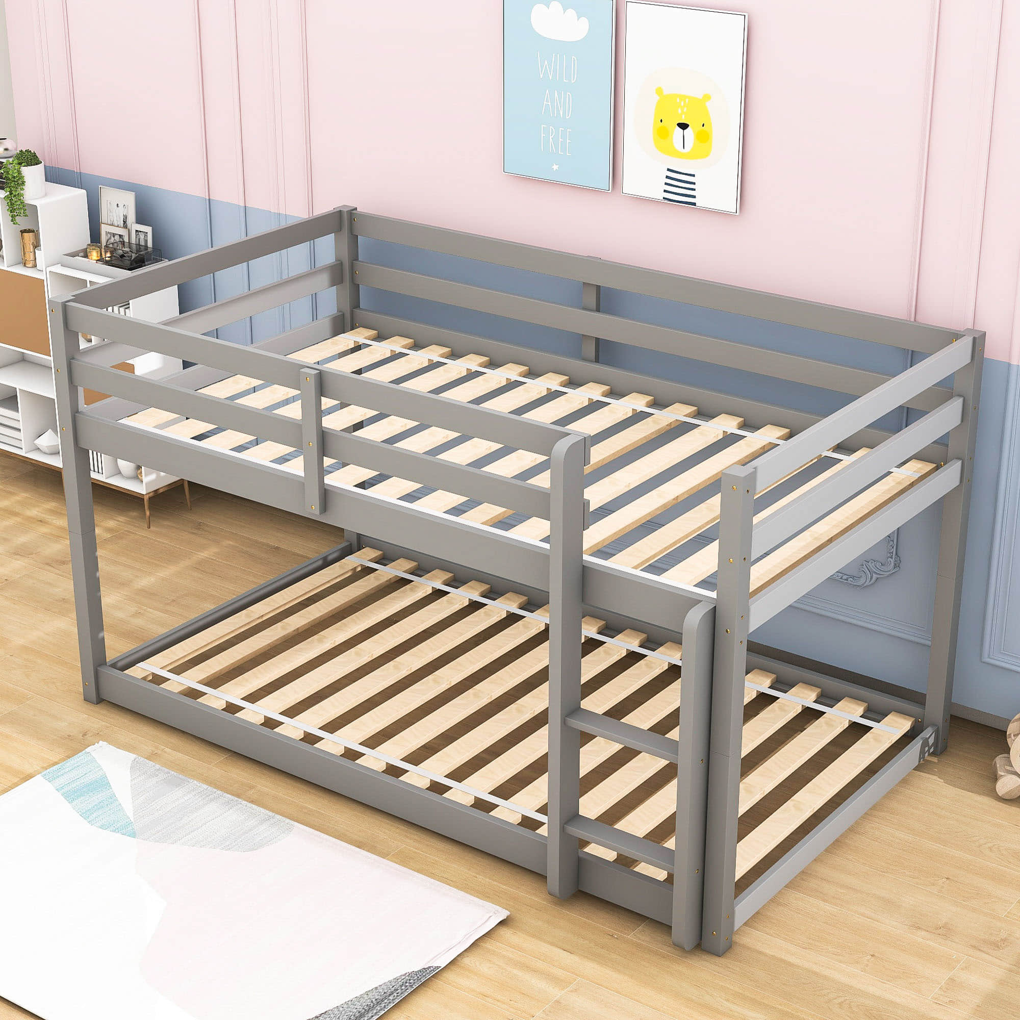 Wooden Low Twin Over Twin Floor Toddler Bunk Beds