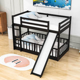 Wooden Twin Over Twin Low Bunk Beds with Slide for Kids, Toddler - [Floor]