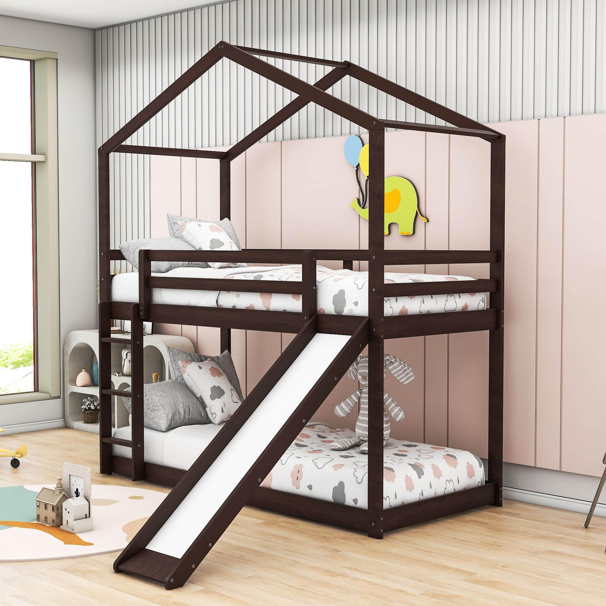 Low Fun Twin Over Twin House Bunk Beds for Kids with Slide - [Floor]