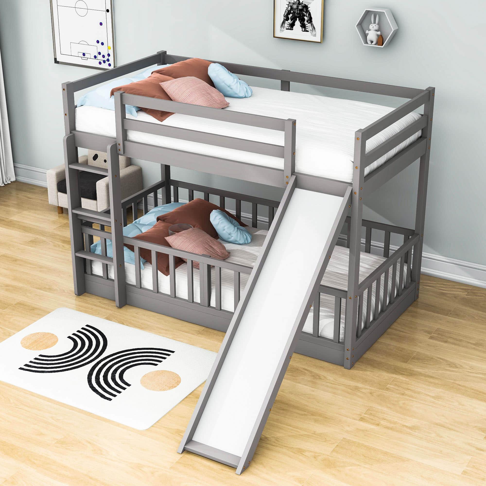 Wooden Twin Over Twin Low Bunk Beds with Slide for Kids, Toddler - [Floor]