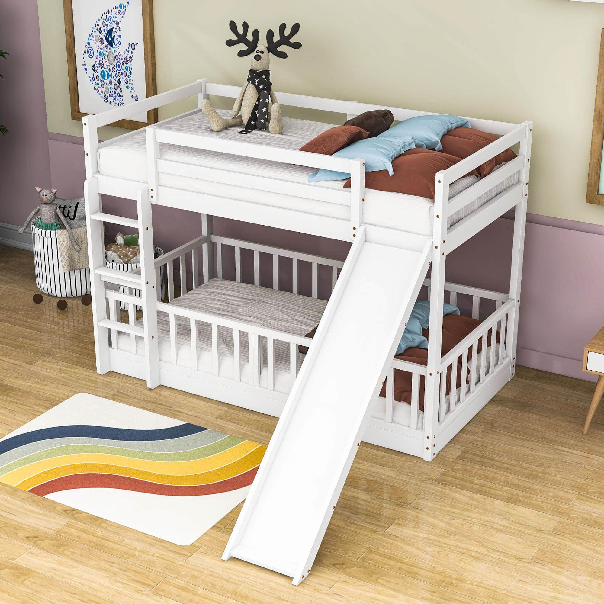 Wooden Twin Over Twin Low Bunk Beds with Slide for Kids, Toddler - [Floor]