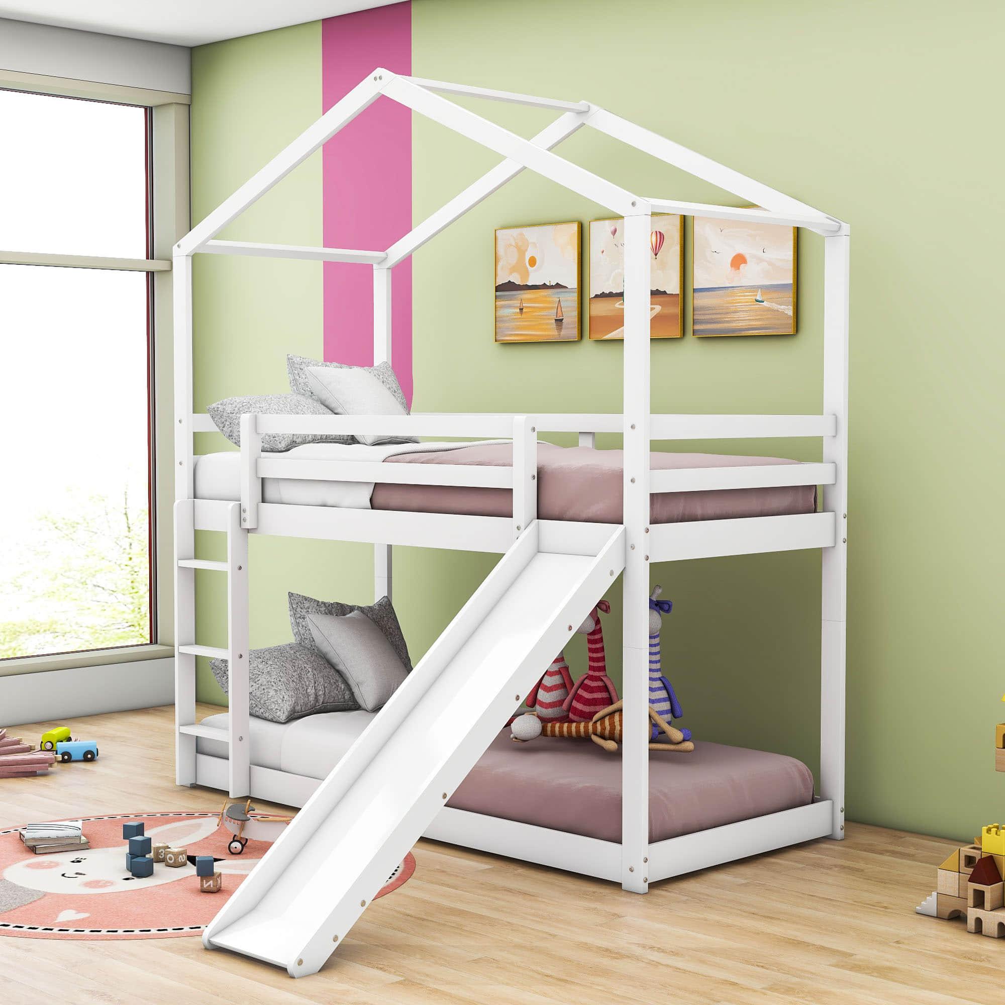 Low Fun Twin Over Twin House Bunk Beds for Kids with Slide - [Floor]