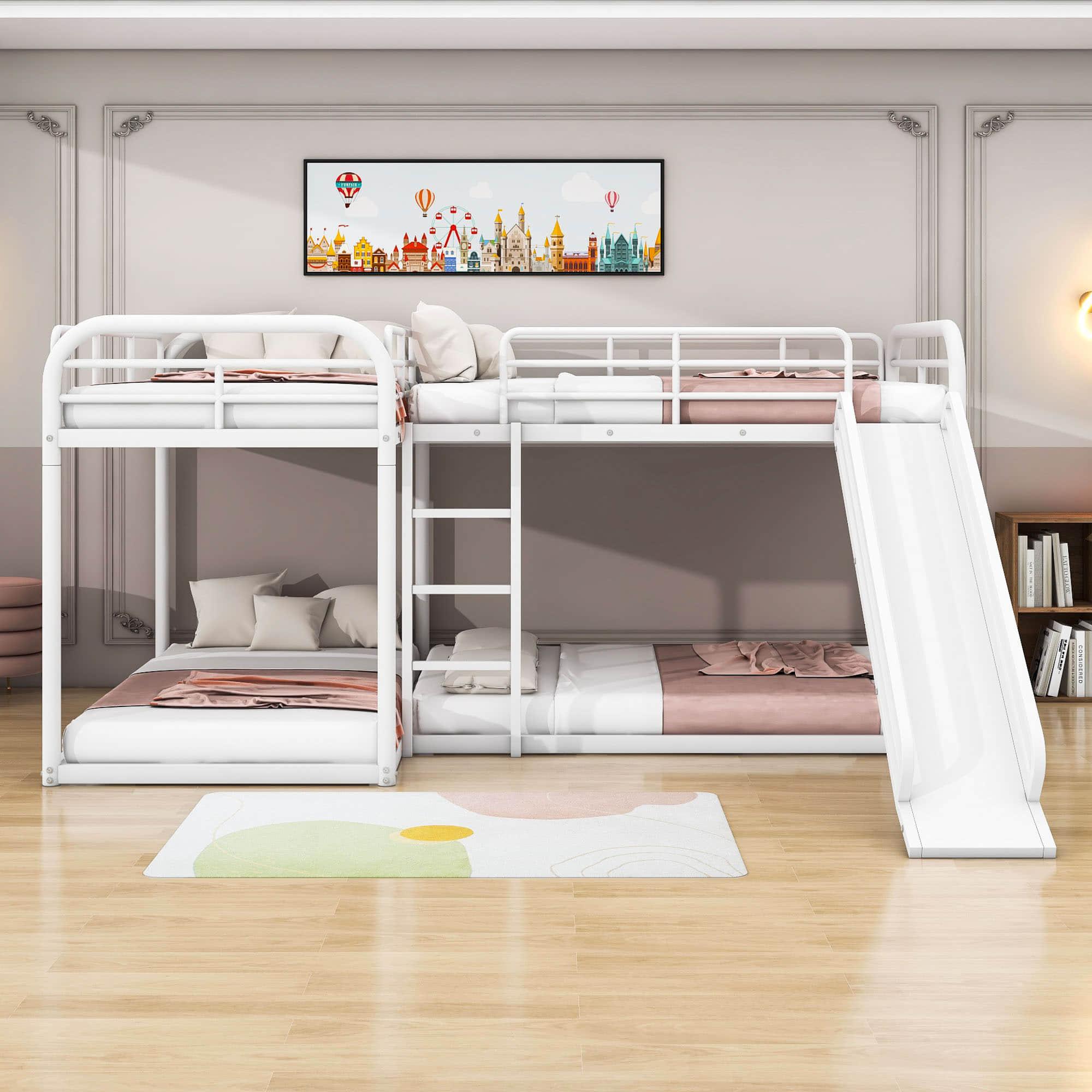 Metal Full & Twin Quad Bunk Beds with Slide for Kids, Toddler - [L-Shaped]