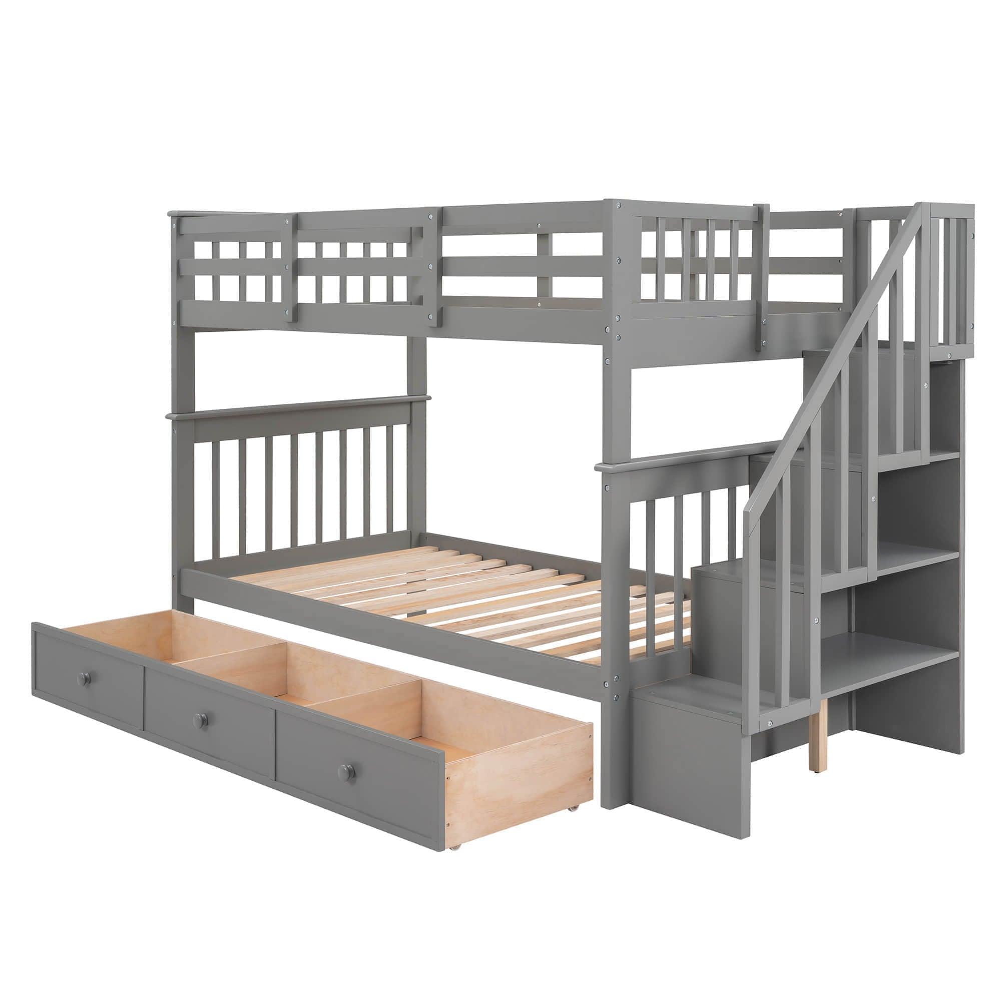 Twin Over Twin Bunk Bed With Stairs and Storage - [Drawers, Shelves, Wood]