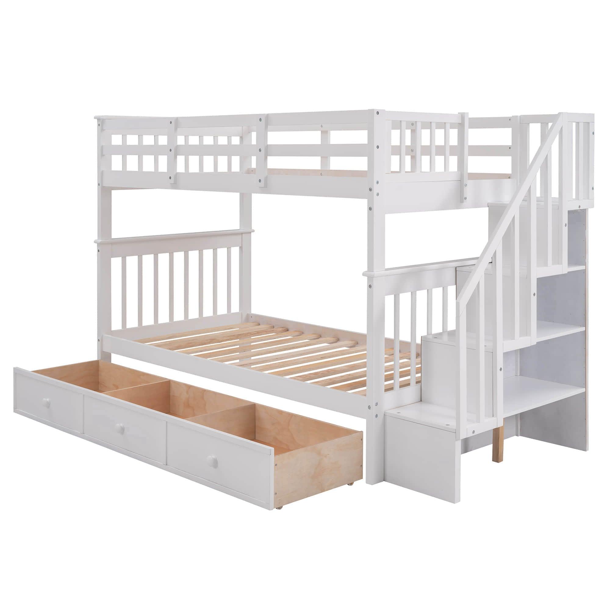 Twin Over Twin Bunk Bed With Stairs and Storage - [Drawers, Shelves, Wood]