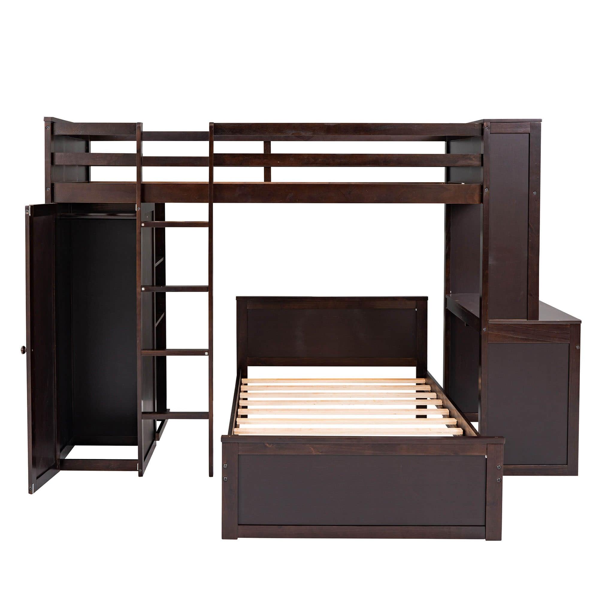 L-Shaped Twin Over Twin Bunk Beds with Desk and Storage - [Wooden, Drawers, Wardrobe]