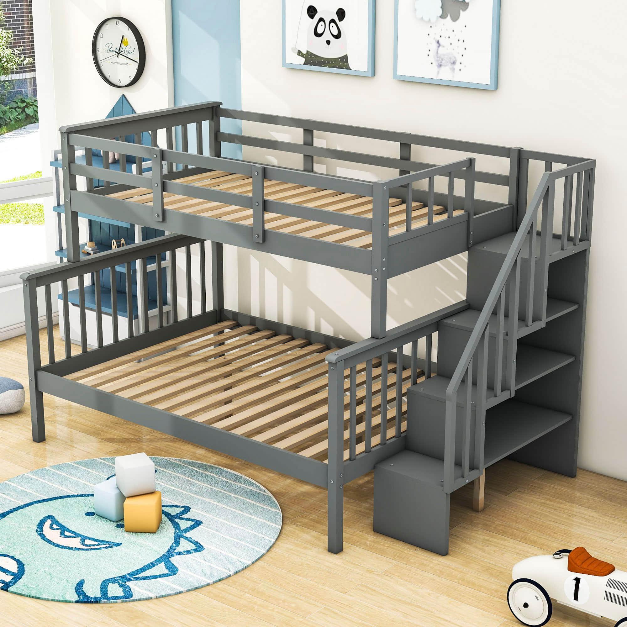 Wood Twin Over Full Bunk Bed with Storage and Stairs - [Shelves, Classic]